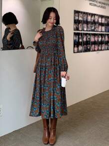 DAZY Của phụ nữ Thực vật In Vòng cổ Đầm - Cà phê - Xem 3