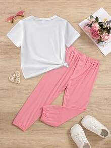 SHEIN Young Girls' Short Sleeve T-Shirt And Pants Casual Two-Piece Set For Summer - White - View 2