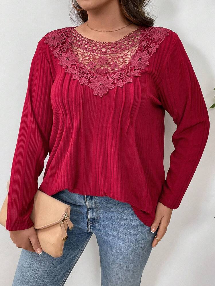 Plus Size Embroidered Floral Long Sleeve T-Shirt/Valentine's Day