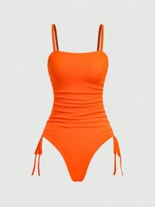 SHEIN Unity Solid Color Drawstring Side Cami Bodysuit - Orange - View 1