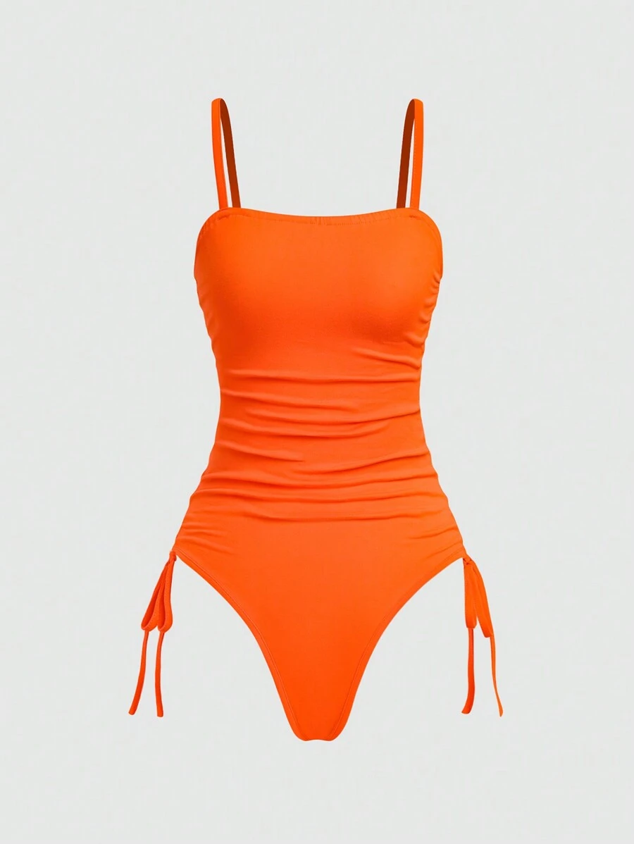 SHEIN Unity Solid Color Drawstring Side Cami Bodysuit - Orange - View 1
