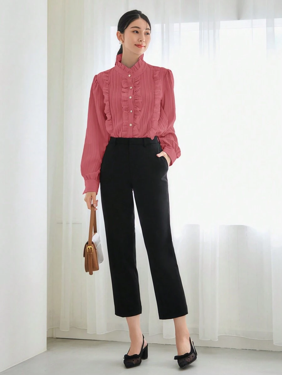 GENKIRA Elegant Eenkleurig Blouse Rimpeling Voorpand met Knoopjes - Roze - Bekijken 1