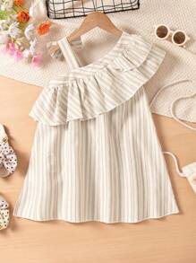 SHEIN Vestido con estampado de rayas y hombro asimétrico para niña joven