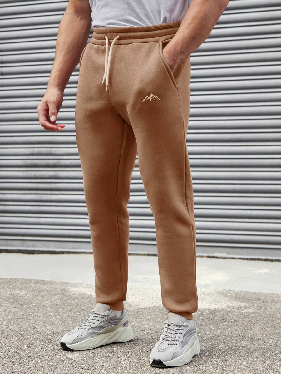 RueChic Men Mountain Print Drawstring Waist Sweatpants - Camel - View 1