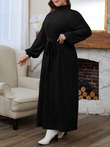 SHEIN Frenchy Plus Size Button Decorated Long Sleeve Belted Dress Elegant Style  All Black - Black - View 5