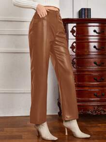 SHEIN Frenchy 女士pu皮筆直褲 - 摩卡棕 - 查看 3