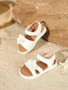夏季新女孩韓式公主花朵涼鞋防滑軟底幼兒健走鞋平跟 - 白色 - 查看 2