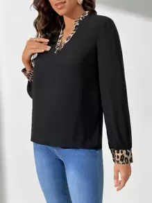 SHEIN Tall Blouse À Col Cranté Imprimé Léopard Pour Femme - Noir - Voir 6