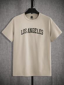 GENTILAND Loose Fit Men's Knit Casual T-Shirt With Letter Print - Khaki - View 1