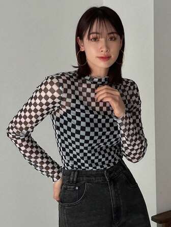 FRIFUL Tricou damă cu guler înalt, model în carouri, transparent, mânecă lungă, topuri pentru femei, haine de toamnă pentru femei