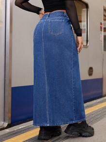 SHEIN ICON Women's High Slit Long Denim A-Line Skirt - Medium Wash - View 2