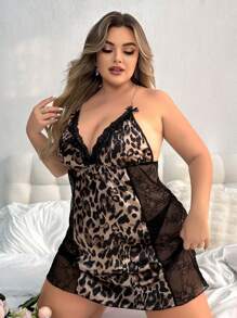 大尺碼彩色拼接花邊豹紋背心連身睡衣 - 彩色 - 查看 4
