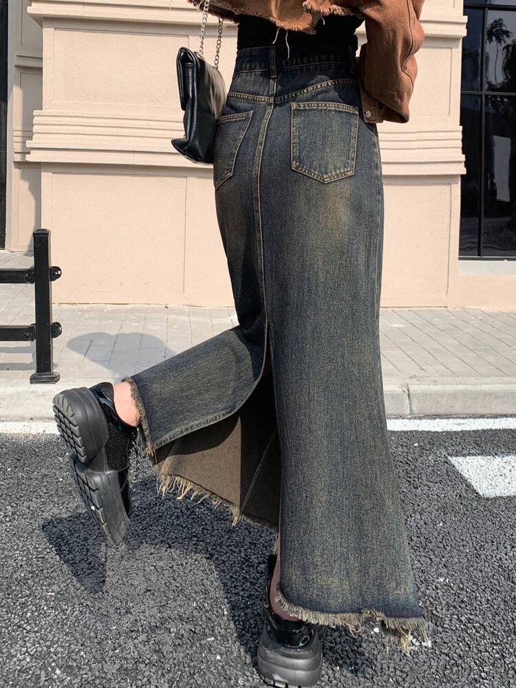 Denim A-Line Skirt With Frayed Hem Jeans Skirt