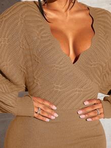 SHEIN SXY 深v領燈籠袖毛衣連衣裙 - 卡其色 - 查看 6