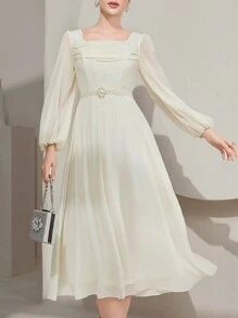 Modelyn Women'S Solid Color Lantern Sleeve Square Neck Dress Long Evening Dresses Fall Cloth For Women - Apricot - View 1