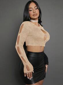 SHEIN SXY Women's Hollow Out Cropped Sweater - Apricot - View 4