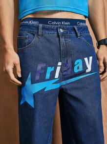 ROMWE MEN Prep Men'S Straight Leg Jeans With Star Pattern