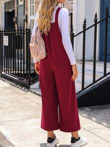 實心斜口口袋灰鵝絨寬腳肩帶連身褲 - 紅色 - 查看 2