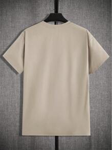 GENTILAND Loose Fit Men's Knit Casual T-Shirt With Letter Print - Khaki - View 2