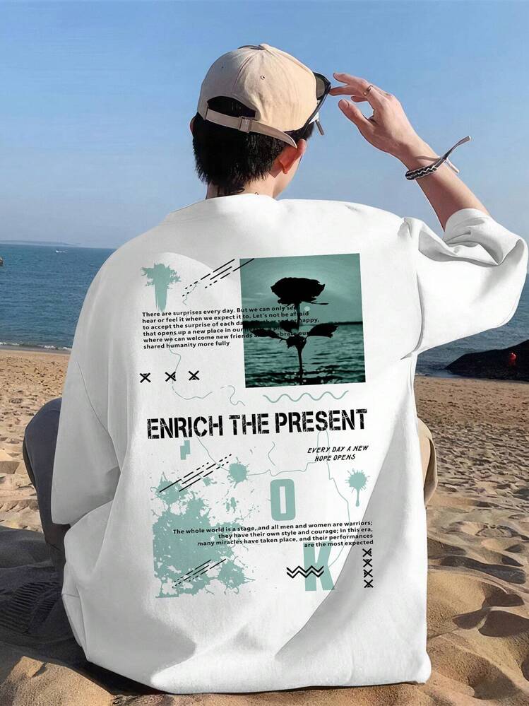 Manfinity EMRG Camiseta Folgada Masculina Com Slogan E Estampa Floral - Branco - Ver 1