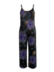 女士煙火印花時尚優雅的新年休閒和派對連身褲 - 黑色 - 查看 2
