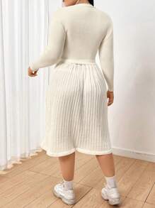 Flirla Plus Size Solid Color Ribbed Knit Sweater Dress Fall Cloth For Women - Apricot - View 2