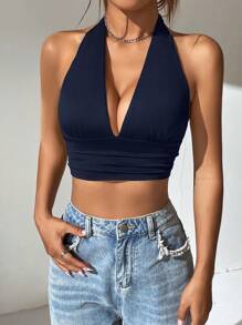 SHEIN EZwear Women's Deep V-Neck Backless Halter Top - Navy Blue - View 6
