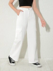 Tween Girls New Loose Fit Straight Leg Cargo Denim Pants - White - View 3