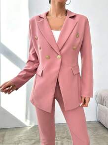 EURMUSE Women's Solid Color Metal Double-Breasted Long Sleeve Blazer And Pants Casual Suit Set - Baby Pink - View 4