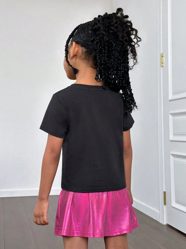 Toddler Girls' Cartoon Bear & Letter Print Short Sleeve Top With Round Neckline And Woven Skirt