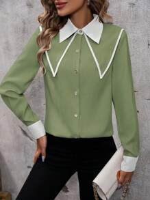 SHEIN Frenchy 女士對比色法式復古襯衫 - 綠色 - 查看 1