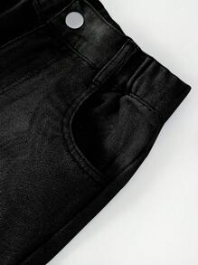 Vaqueros De Pierna Recta Desgastados Con Estampado De Emoji De Moda Urbana Para Niñas Tween - Negro - Ver 4