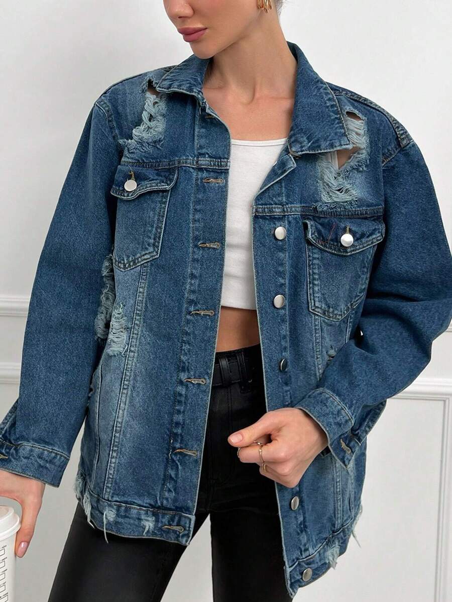 EURMUSE Distressed Washed Denim Jacket - Blue - View 1