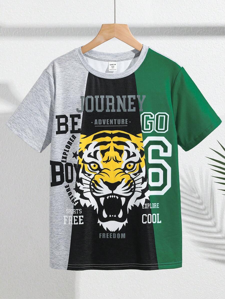 SHEIN Tween Boy 老虎&字母印花拼色圓領短袖t卹 - 彩色 - 查看 1