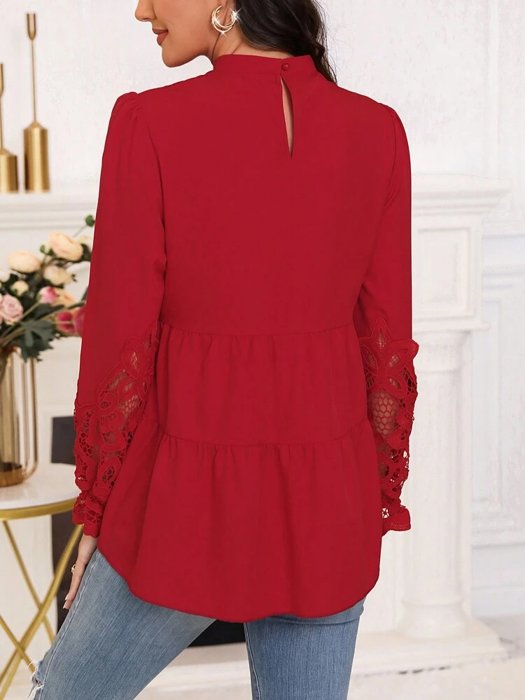 Women's Lace Cuff Splice Keyhole Collar Shirt