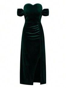 Allurite Ladies' Solid Color Off Shoulder High Slit Dress - Green - View 4