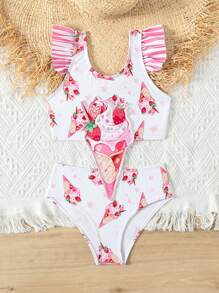 少女冰淇淋印花中空腰部波浪紋袖孔泳衣 - 彩色 - 查看 5