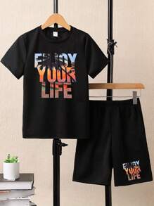 SHEIN Teen Boys' Coconut Tree & Letter Printed 2pcs Set, School, Campus, College