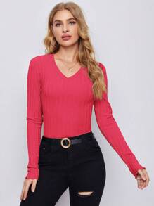 SHEIN Essnce 女士純色肋紋針織t恤 - 紅色 - 查看 1