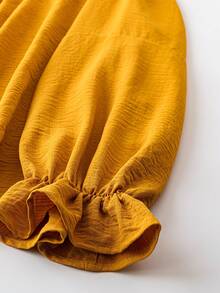 SHEIN LUNE Plus Size Notch V-neck Ruffle Long Sleeve Shirt - Yellow - View 3