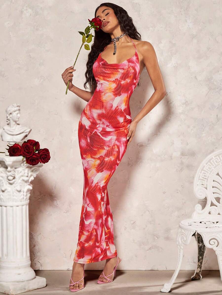 SHEIN BAE 浪漫情人節約會頸掛露背花卉印花優雅長裙女裝