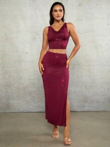SHEIN BAE Valentinstag Hoher Schlitz Roter Strass Frauen Langer Rock
