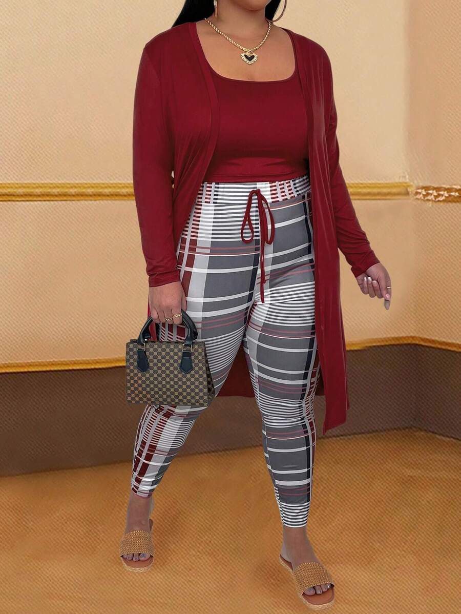 Inoviana 3pcs Plus Size Women Autumn Outfit Set: Coat, Cropped Tank Top And Plaid Leggings Fall Cloth For Women - Burgundy - View 1