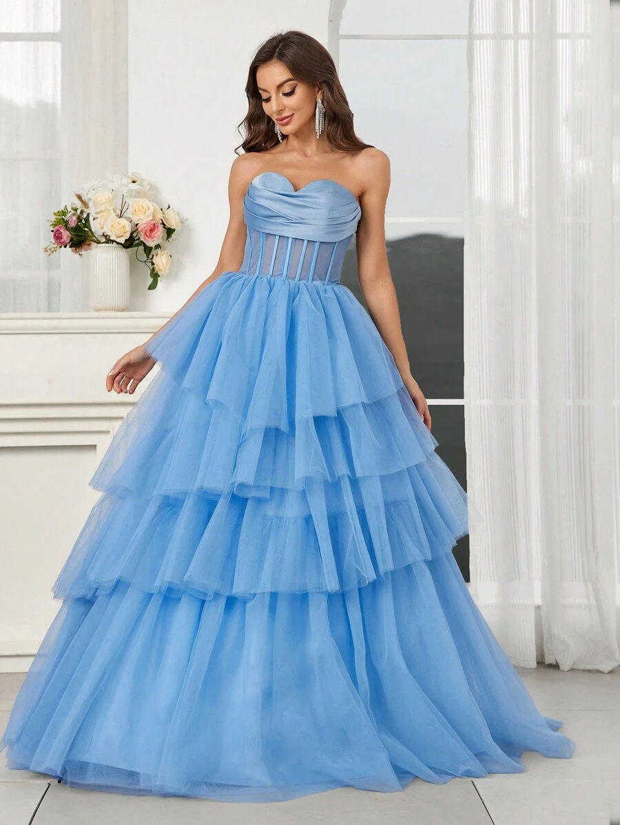 SHEIN Belle 露肩连衣裙，采用网眼拼接缎面和多层不对称网眼蓬松下摆，上衣为透明，适合晚会（重磅款） - 藍色 - 查看 1