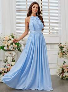 SHEIN Belle Adult Bridesmaid Dress With Ruffled Details, Halter Neckline, And Extra Large Swing Hem - Baby Blue - View 5