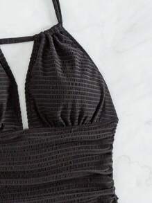 Swim Vcay Summer Beach Solid Color Halter Neck One Piece Swimsuit With Ruffle Detail Music Festival - Black - View 5