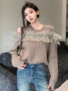 DAZY 女士圓領毛衣,帶網紗荷葉邊,肩部空心設計 - 杏色 - 查看 1