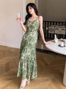 DAZY 波西米亚风印花雪纺吊带连衣裙 节日花卉图案吊带裙 度假装扮 女士复活节长裙 邮轮度假装扮 - 綠色 - 查看 4