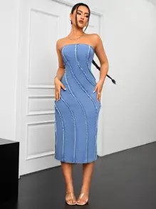SHEIN ICON Frayed Strapless Denim Dress - Blue - View 4