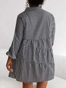 SHEIN CURVE+ Talla grande Vestido smock con estampado de guingán de manga farol bajo con fruncido - Multicolor - Ver 2